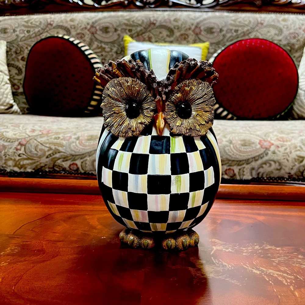 MacKenzie Childs Courtly Check Owl Decor with Gold Accents